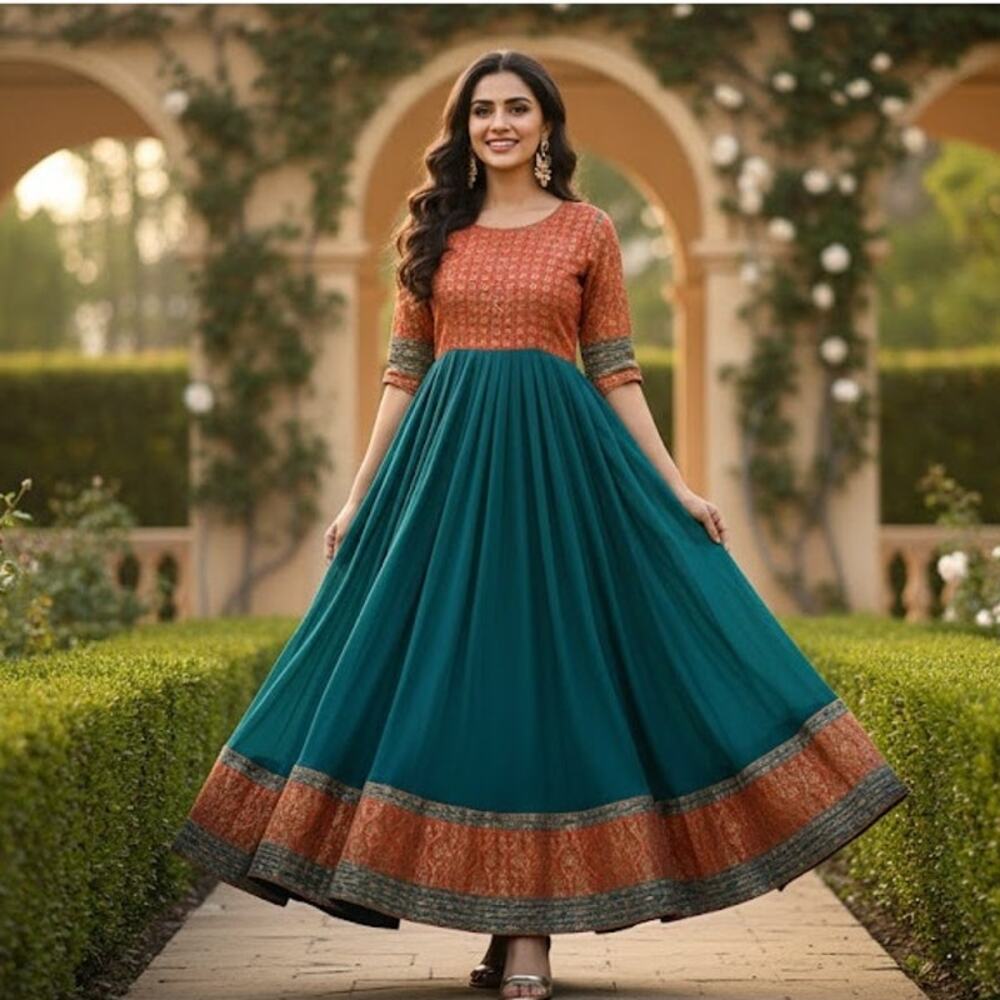Vintage Teal Orange Embroidered Midi Large Dress Tribal Châteaucore Large boho